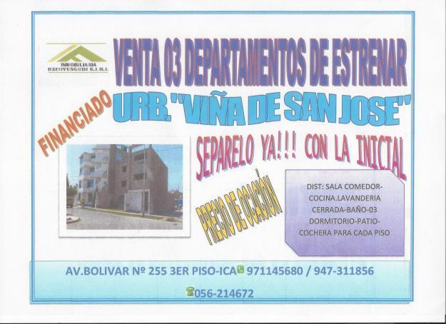 SE VENDE 03 DEPARTAMENTOS EN URB.VIÑA DE SAN JOSE COCHERA INCLUIDA