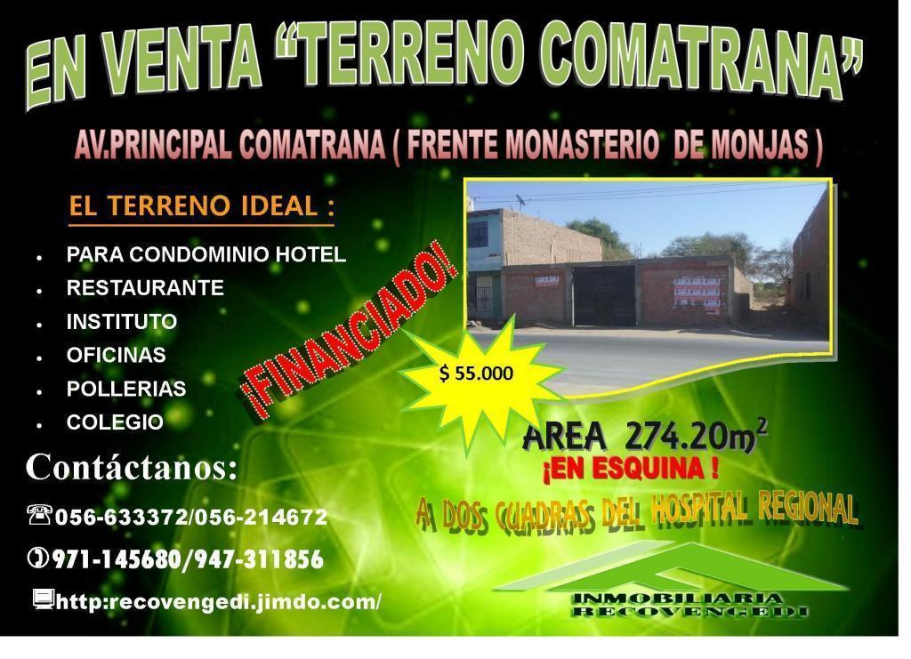 SE VENDE TERRENO EN COMATRANA CERCADO TIENE UN AREA DE 274.20 M2 IDEAL PARA PROYECTO INMOBILIARIA