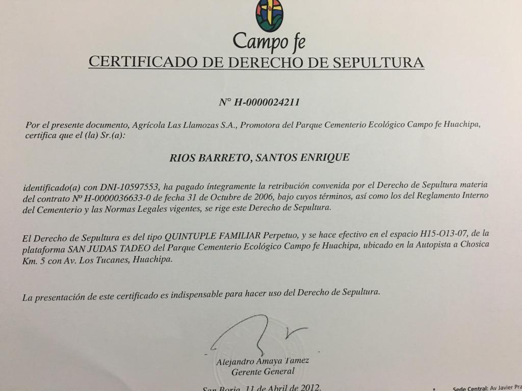 ESPACIO SEPULTURA PERPETUO EN CAMPO FE HUACHIPA