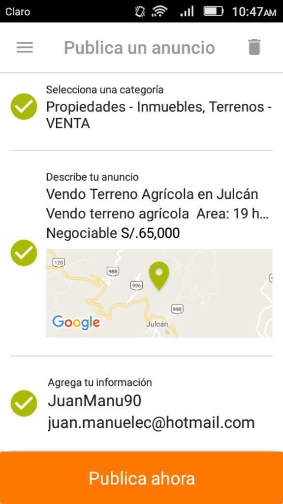 Vendo Terreno Agrícola en