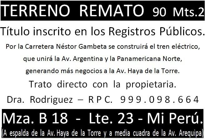 TERRENO REMATO En el Nuevo Distrito MI PERÚ