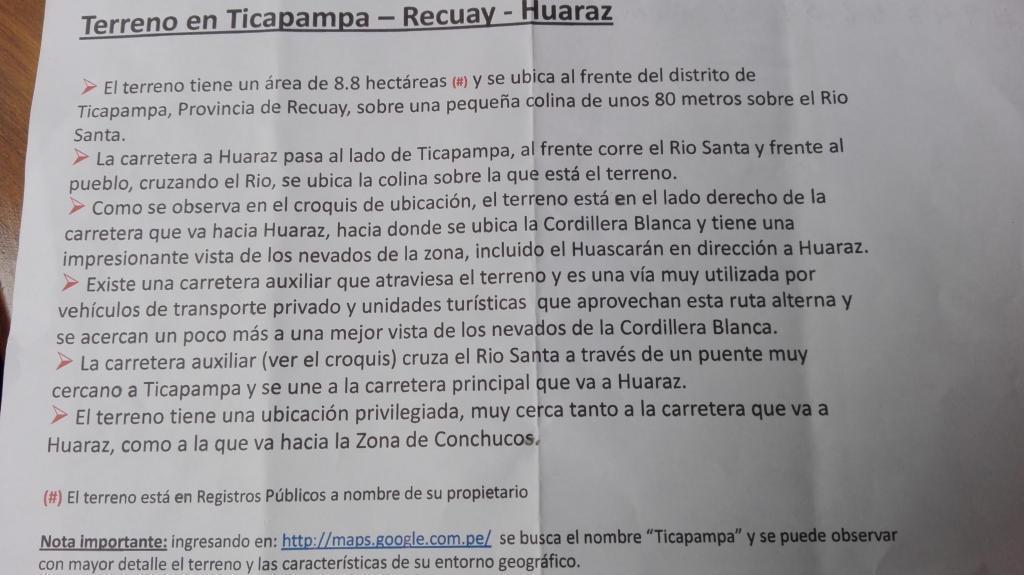 Gran oportunidad Venta de Terreno en Recuay Huaraz