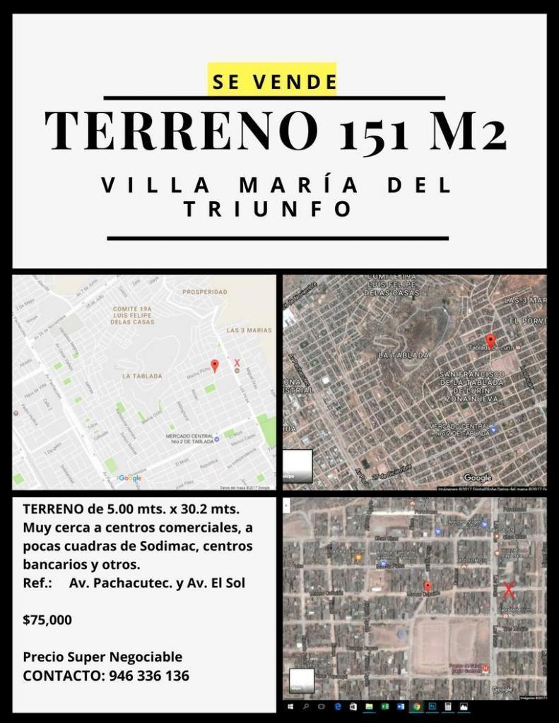 SE VENDE TERRENO EN VILLA MARÍA DEL TRIUNFO SUPER NEGOCIABLE 151 M2